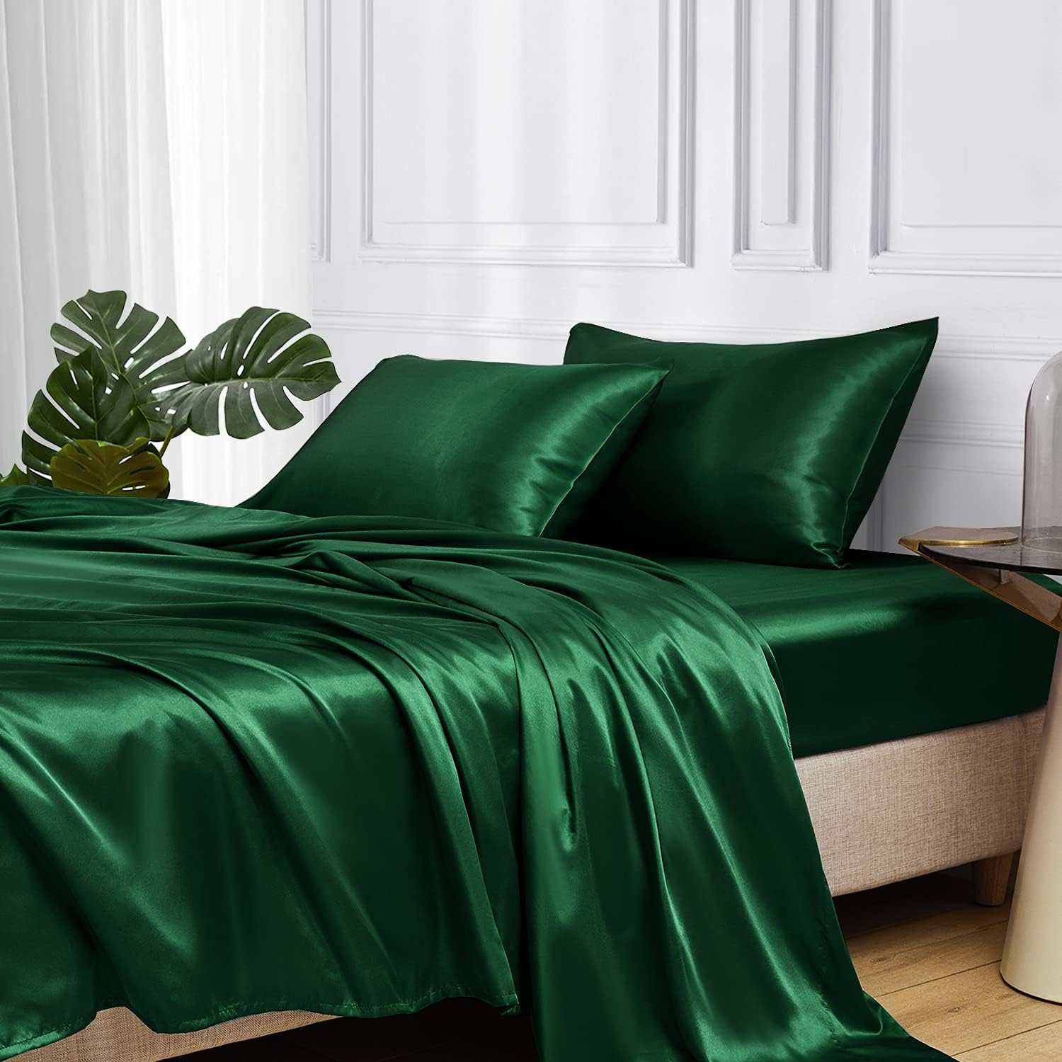 MR&HM Satin Bed Sheets Set for King Size Mattress, Dark Green