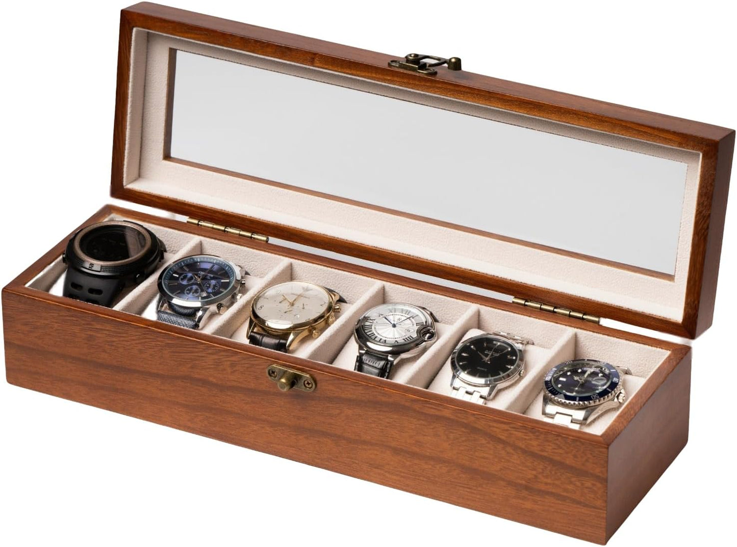 Wooden Watch Box with Large Glass Lid - 6 Slots Organizer