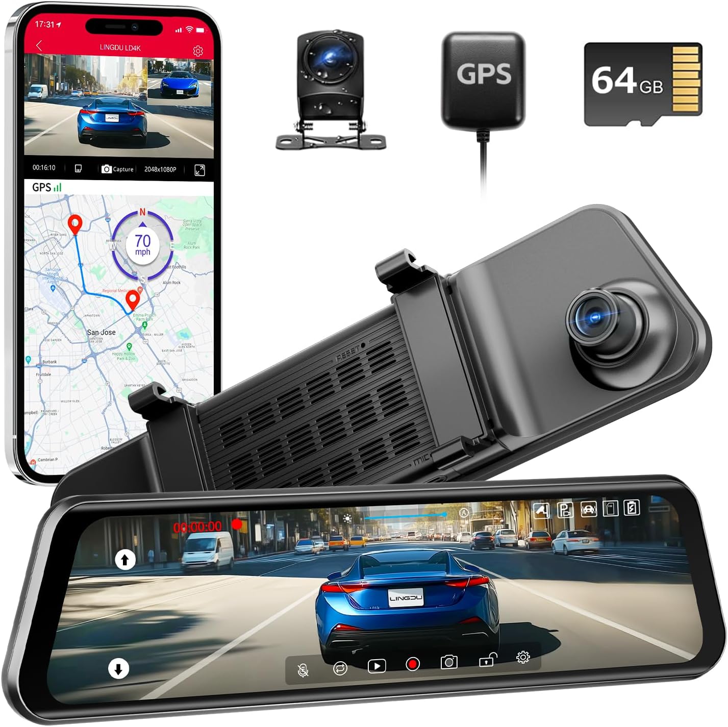 12 Inch Mirror Dash Cam with 4K UHD Front and 2.5K Rear View