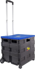 Quik Cart Collapsible Rolling Crate with Seat Lid - Compact 80 lb Tote