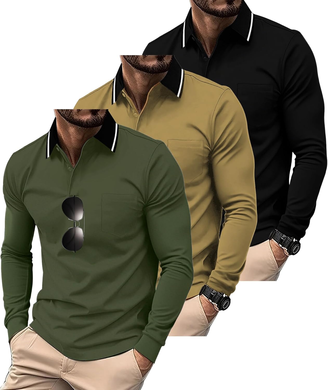 ZITY 3 Pack Men Long Sleeve Polo Shirts for Casual Work and Golf