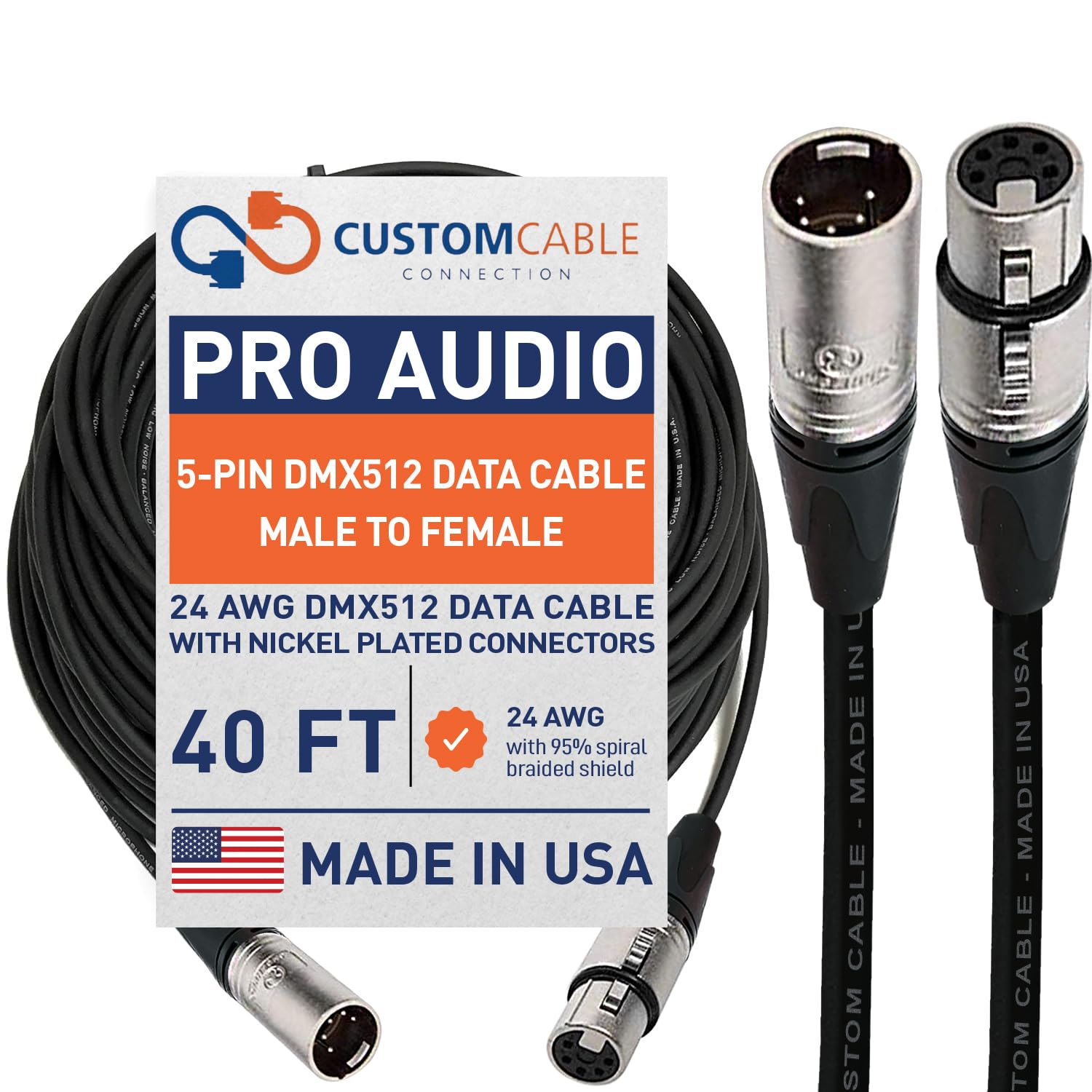 40 Foot 5-Pin XLR DMX512 Data Cable for Stage Lighting Use