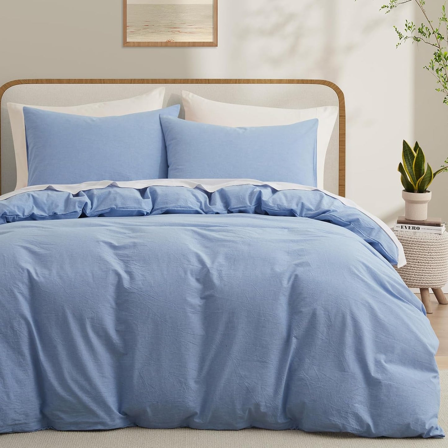 LOVQUE Light Blue Cotton Duvet Cover Queen Size for Cozy Bedding