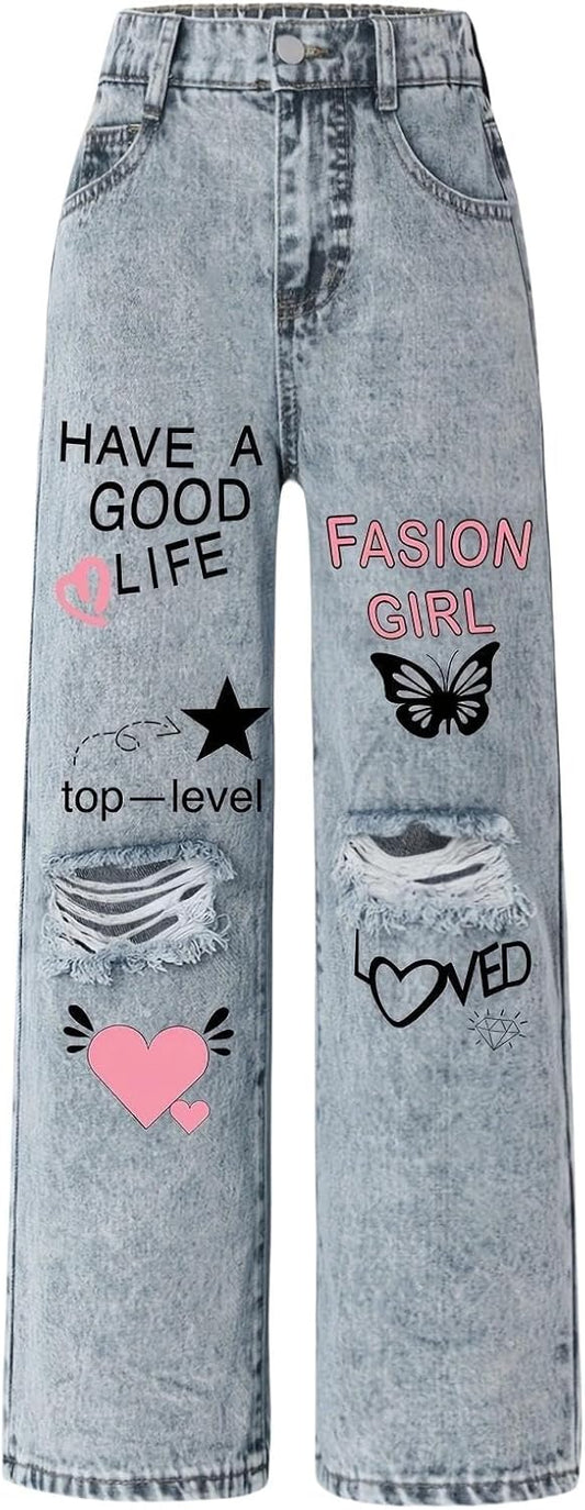 Baggy Jeans for Girls Wide Leg Ripped High Elastic Waist