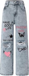 Girls Baggy Wide Leg Ripped Denim Jeans High Waist - Summer Fit