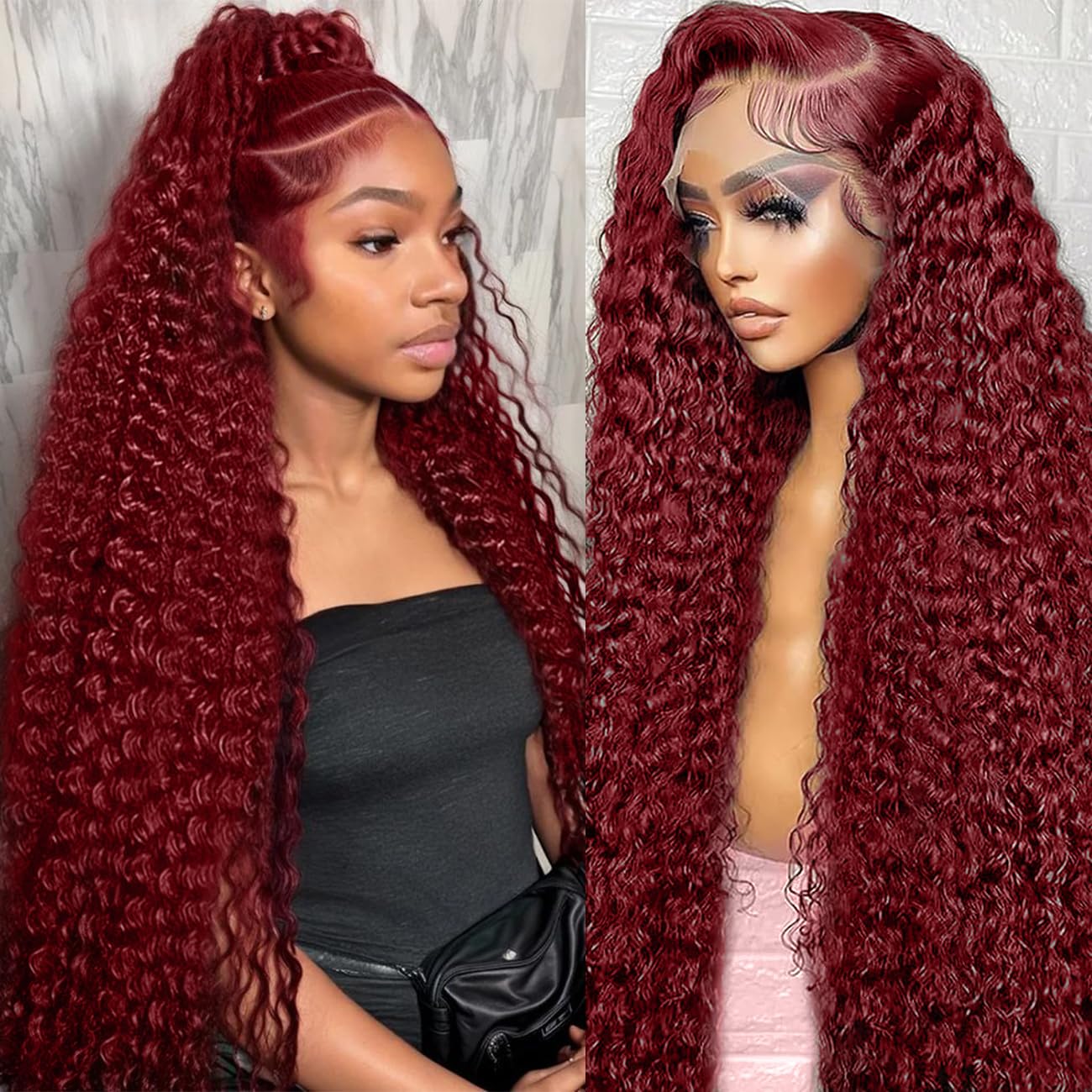 Burgundy Wig Human Hair 99j Deep Wave Lace Front for Women