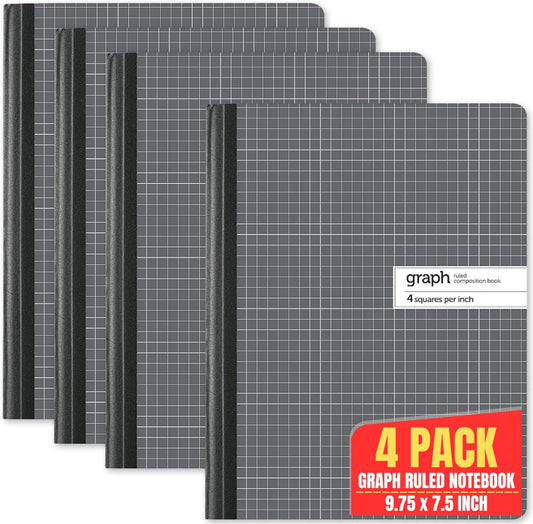 1InTheOffice 4 Pack Graph Composition Notebooks, 100 Sheets, 9.75x7.5 Graphing - Organize Your Ideas!