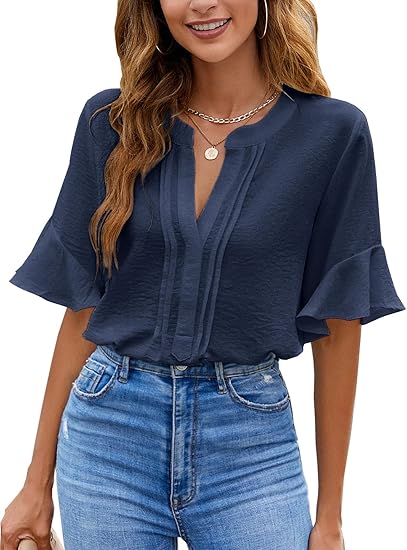 BMJL Womens White Blouses Chiffon Ruffle Short Sleeve Tops