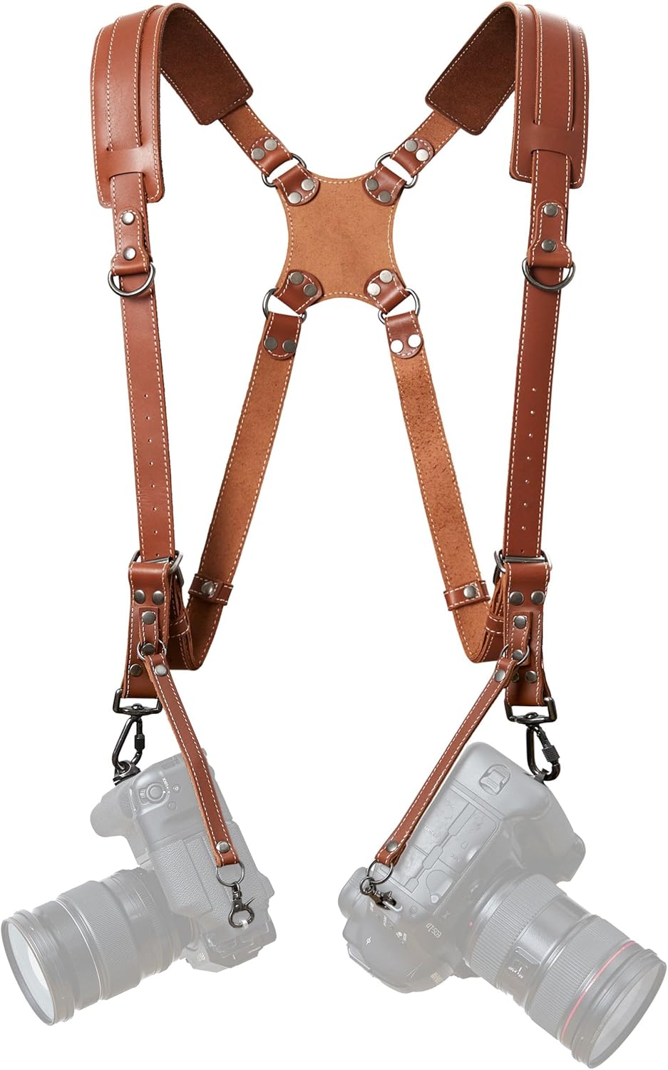 Dual Camera Harness Strap for Photographers - Tan Leather Design