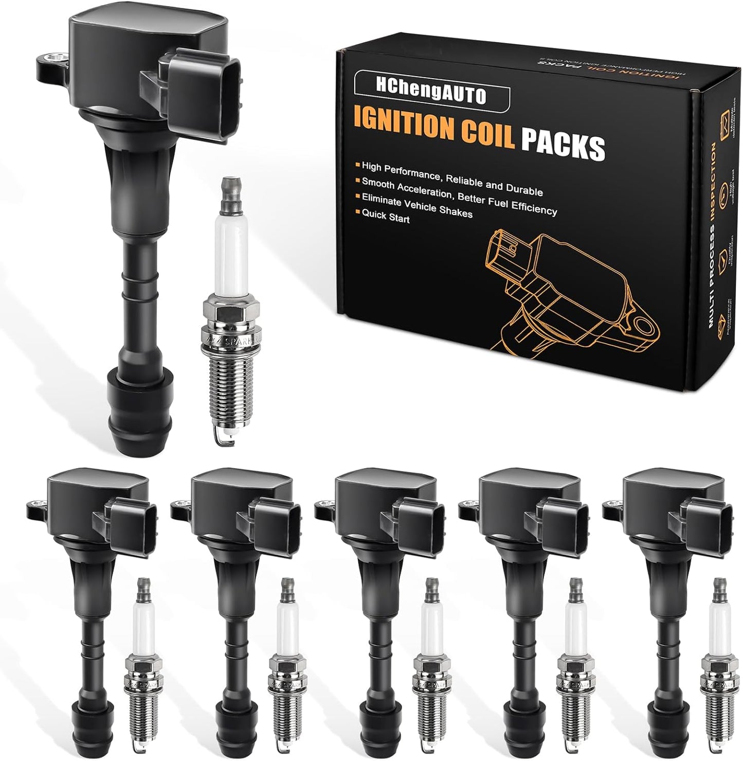 6pcs Ignition Coil & Spark Plug Set for Nissan by Hchenup