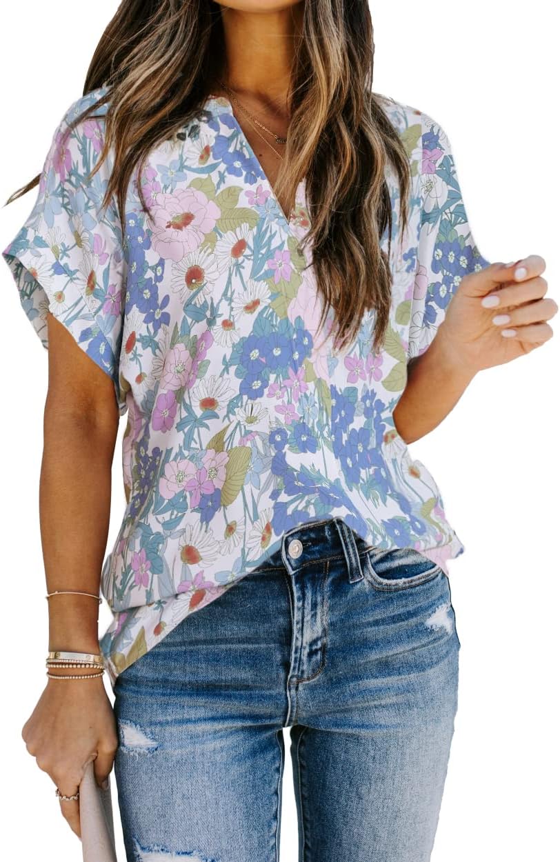 Allimy Women Summer Casual Split V Neckline Floral Blouses