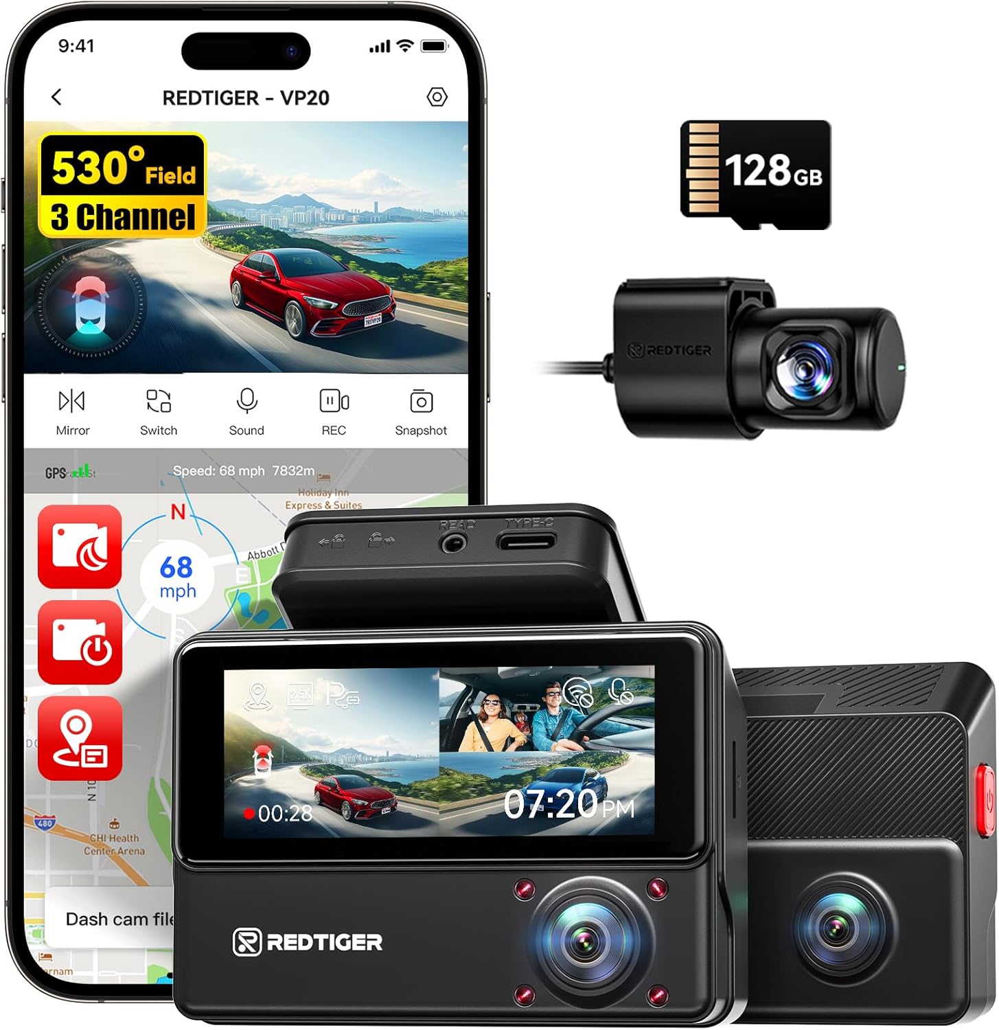 REDTIGER 530 Triple Cam: 2.5K Front+Rear+Inside, Touch Screen, IR Night Vision