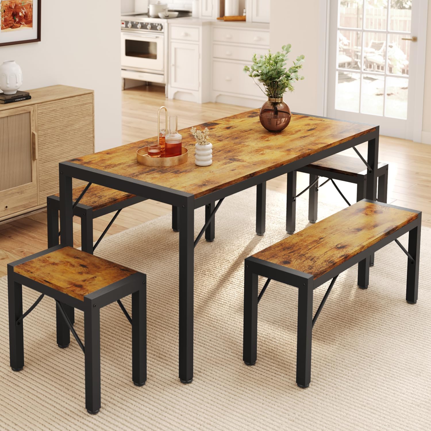 Gizoon 63 Inch Dining Room Table Set for 6 with Benches and Stools