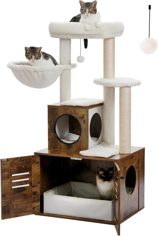 Modern Cat Tree with Litter Box Enclosure for Large Cats