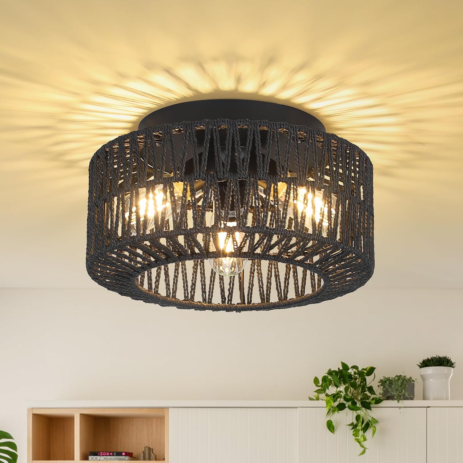 Rattan Light Fixtures: 3-Light Boho Flush Mount for Home