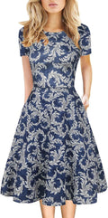 Women's Elegant Knee Length A-Line Dress - Vintage Floral, Pockets on