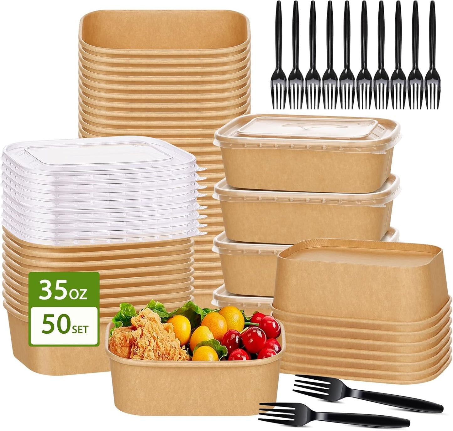 35oz Disposable Kraft Paper Bowls with Lids for Meal Prep