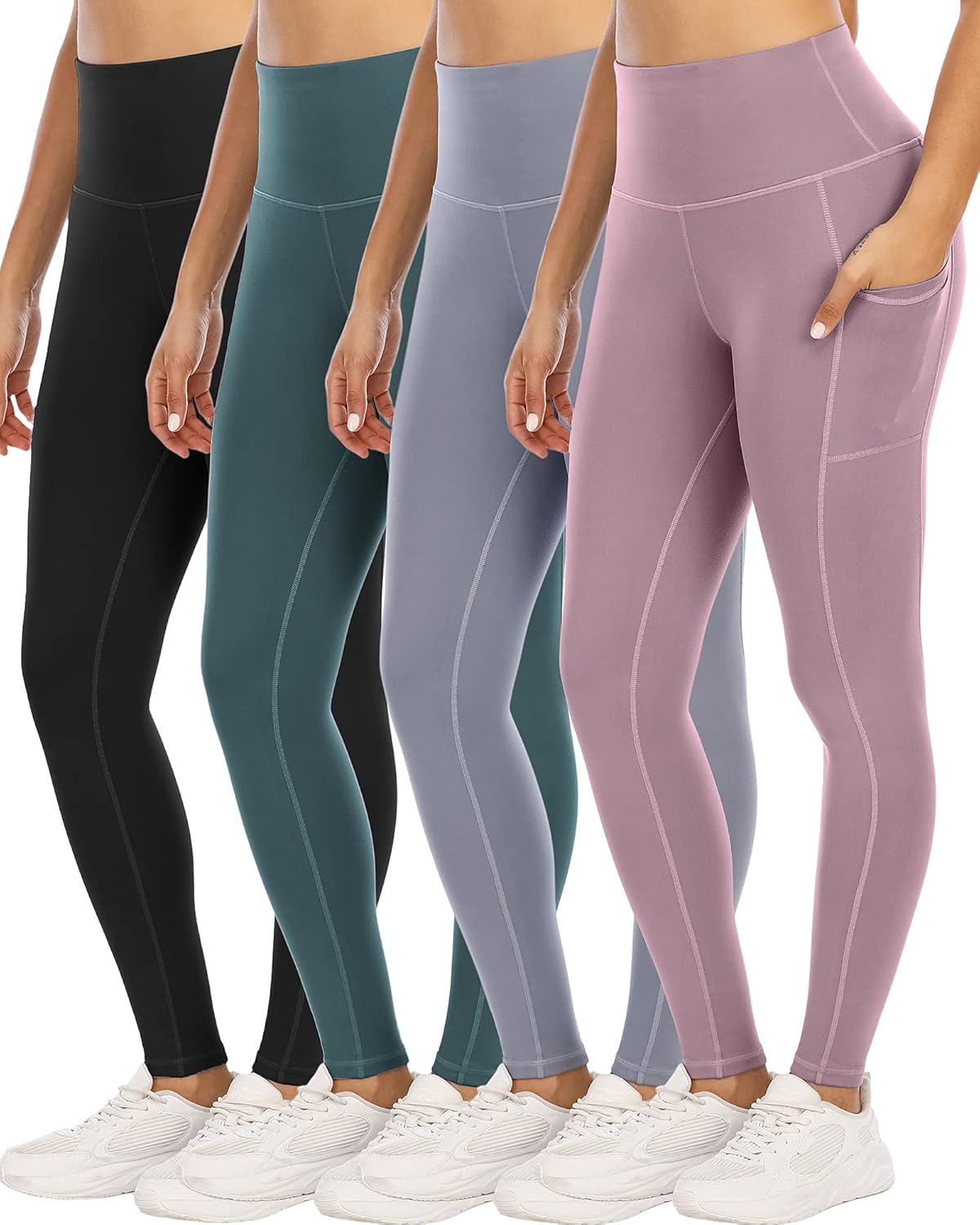 4 Pack Leggings with Pockets for Women - High Waist Tummy Control