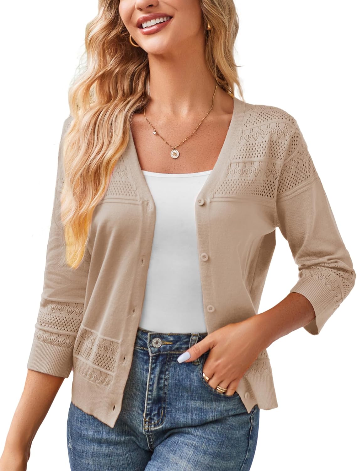 Lightweight Cropped Cardigan for Women - 3/4 Sleeve Shrug
