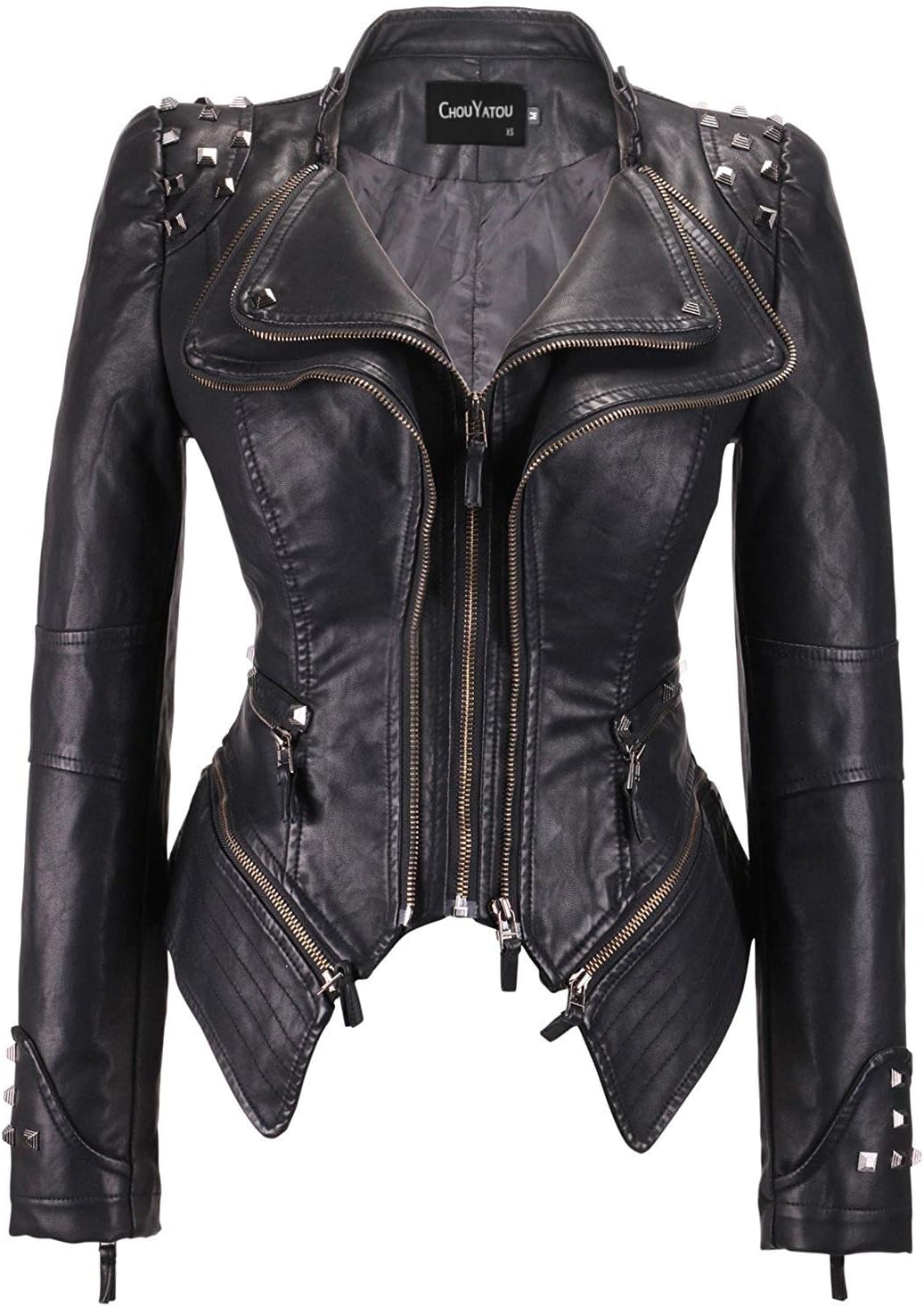 Chouyatou Women's Fashion Studded Faux Leather Biker Jacket