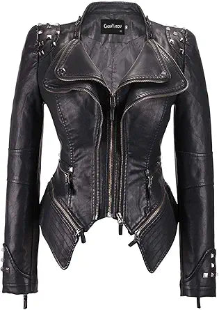 Chouyatou Women's Fashion Studded Faux Leather Biker Jacket