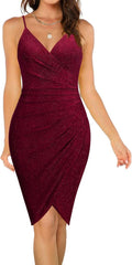 OWIN Women's Sexy V Neck Spaghetti Strap Wrap Bodycon Dress