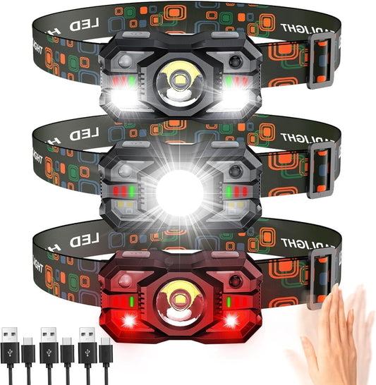 2000 Lumen Rechargeable Headlamp Trio: Motion Sensor, Waterproof, Ultra Bright