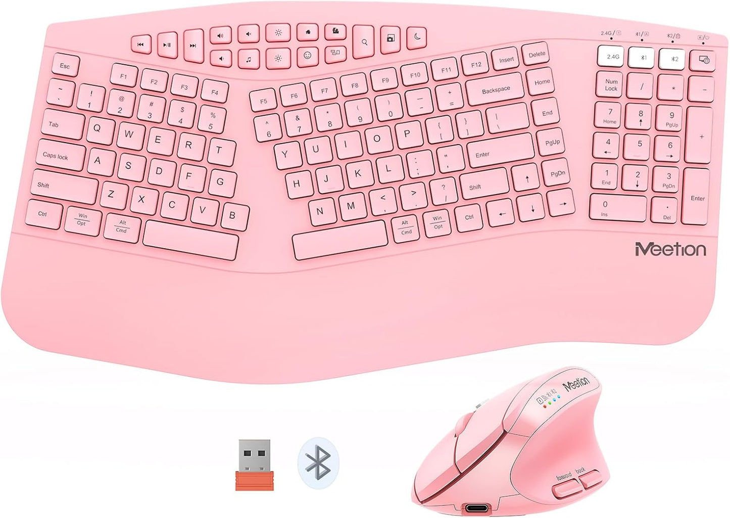 MEETION 2025 Pink Ergonomic Combo: Wireless & Rechargeable