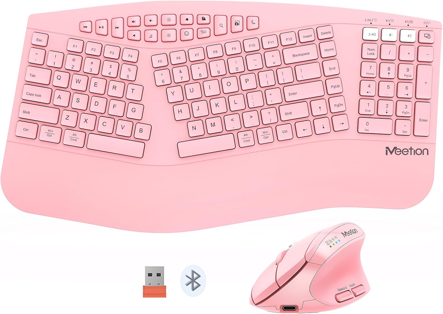 MEETION 2025 Pink Ergonomic Combo: Wireless & Rechargeable
