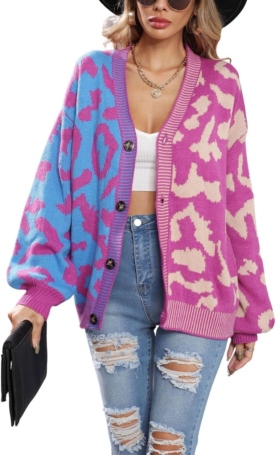 Chouyatou Women's Color Block Leopard Print Cardigan Sweater