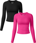 OQQ Womens Long Sleeve Ruched Crop Tee - Soft Stretch Fitted Top
