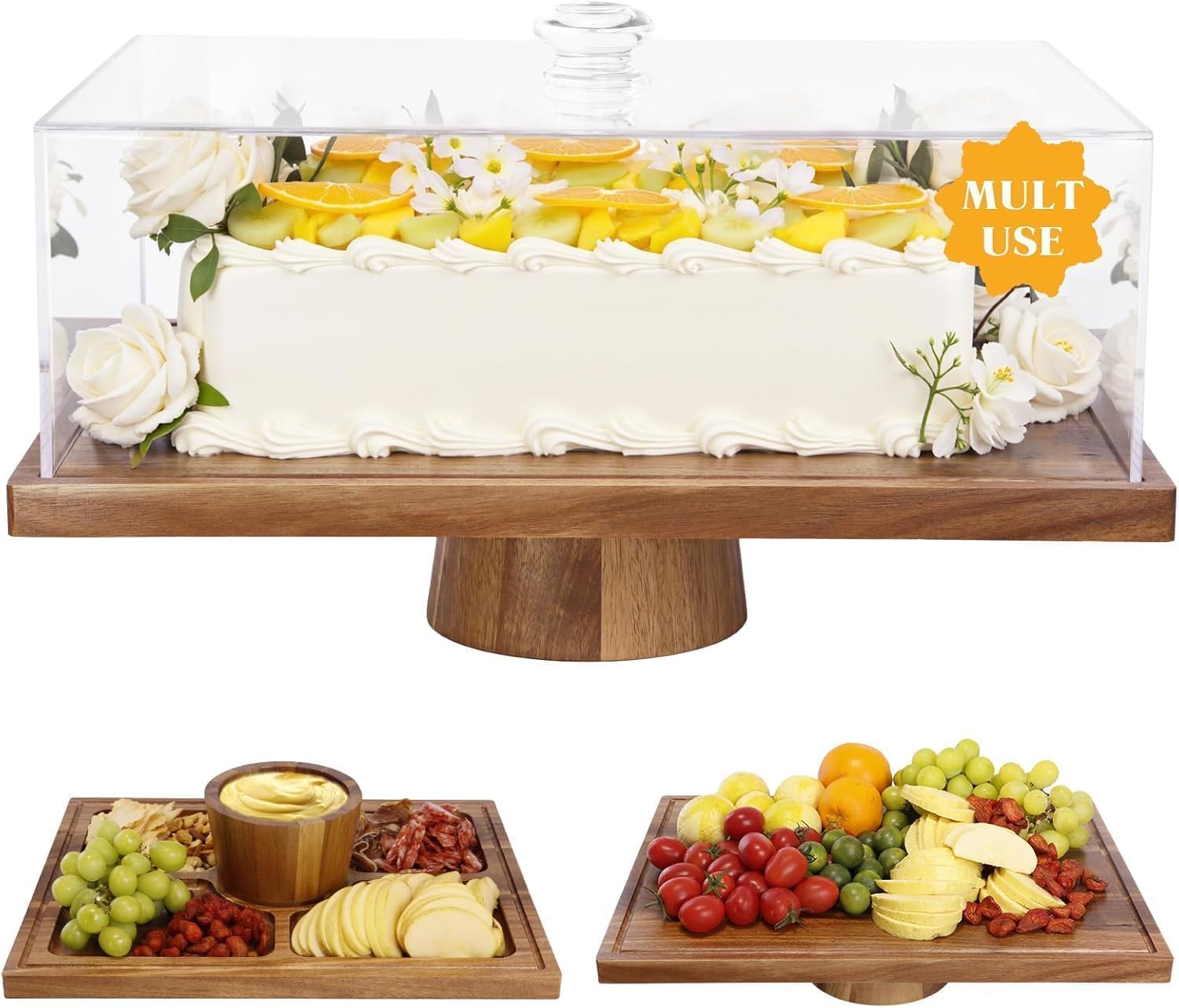 17in Acacia Wood Cake Stand with Lid for Charcuterie & Desserts