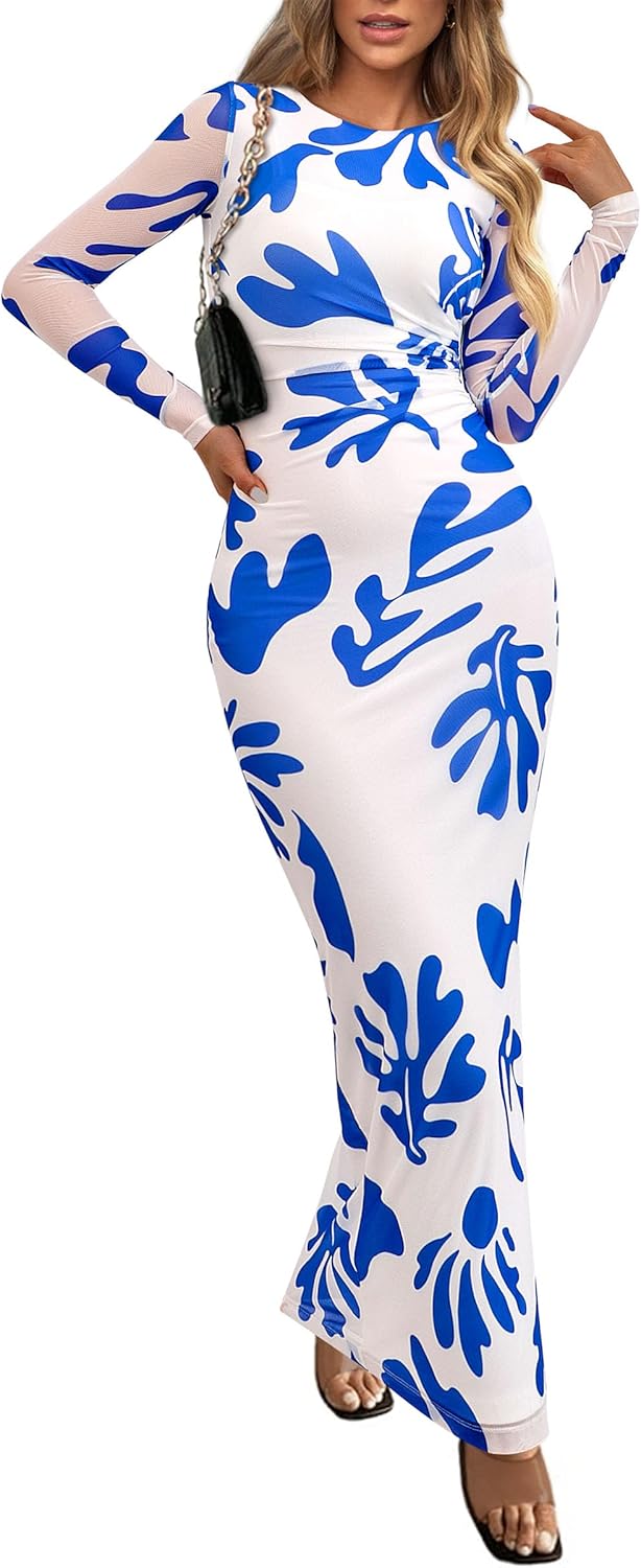 Bodycon Maxi Dress for Women - Floral Print Long Sleeve Style
