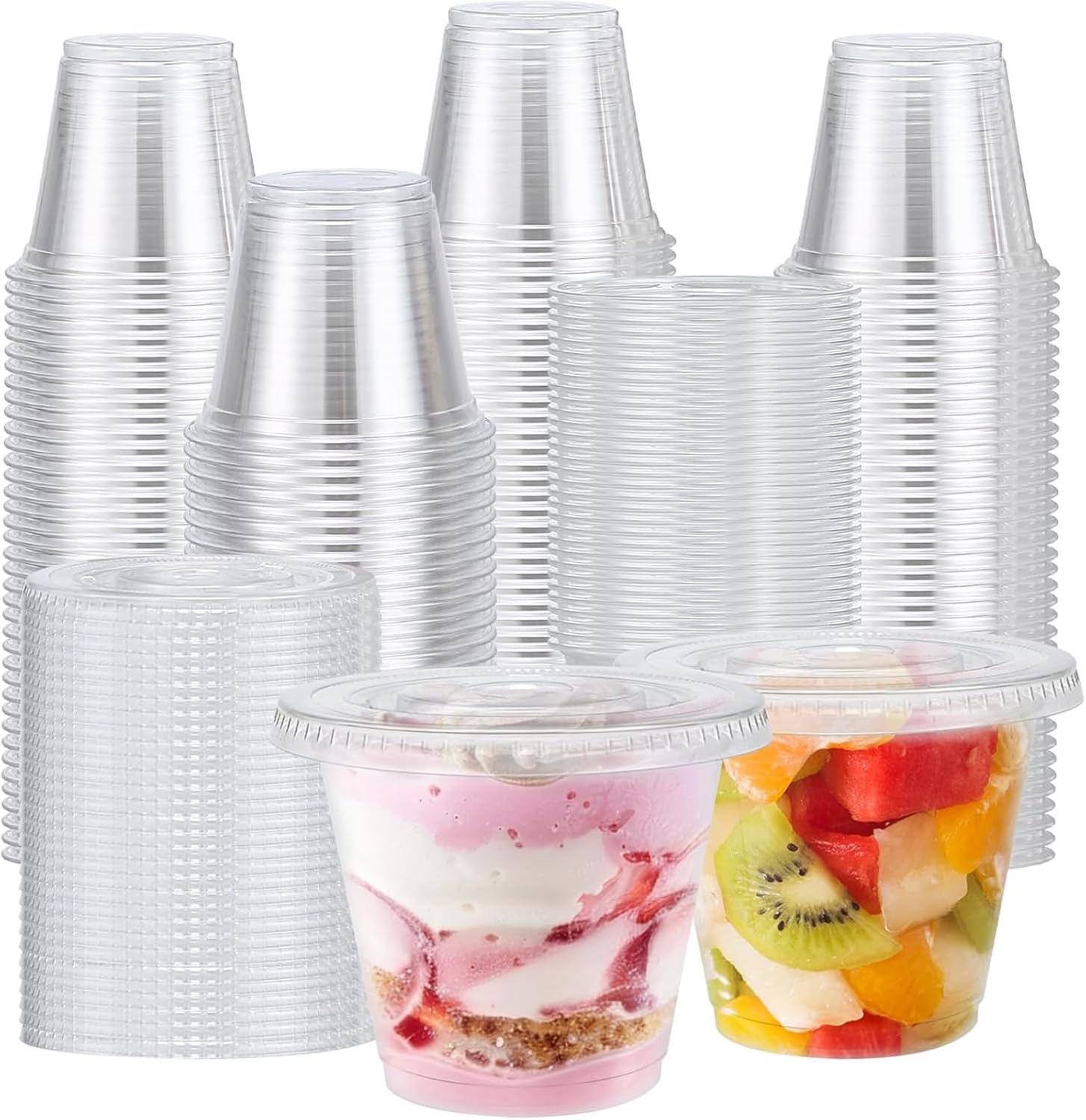200 Pack 9 oz Clear Plastic Cups with Lids for Desserts and Drinks