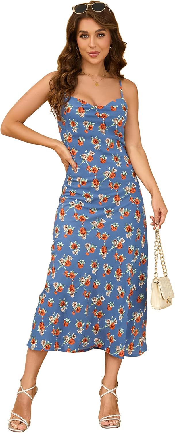 Women's Spaghetti Strap Midi Satin Silk Dress for Parties