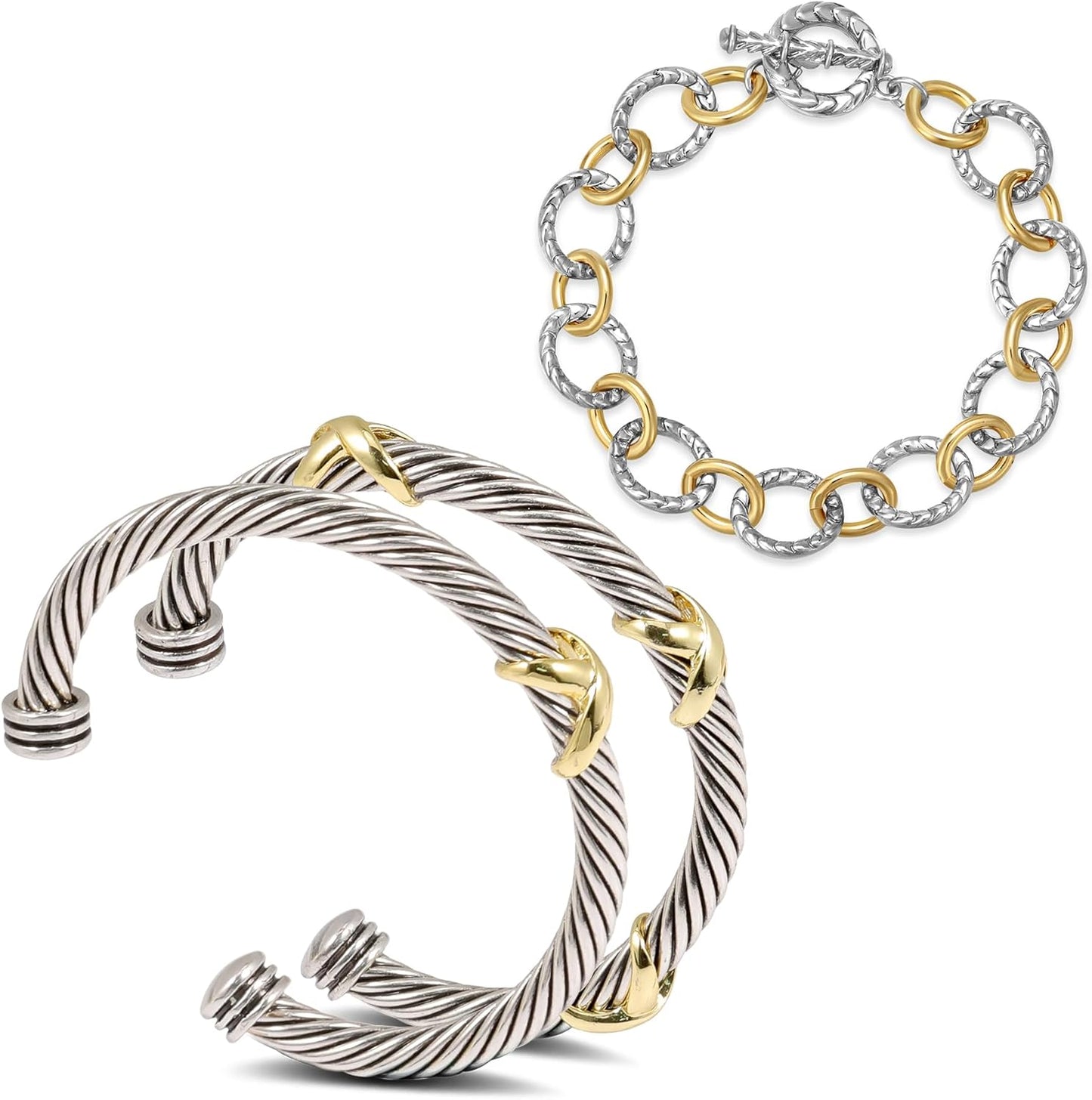 Stackable Two Tone Cross Bracelets Set