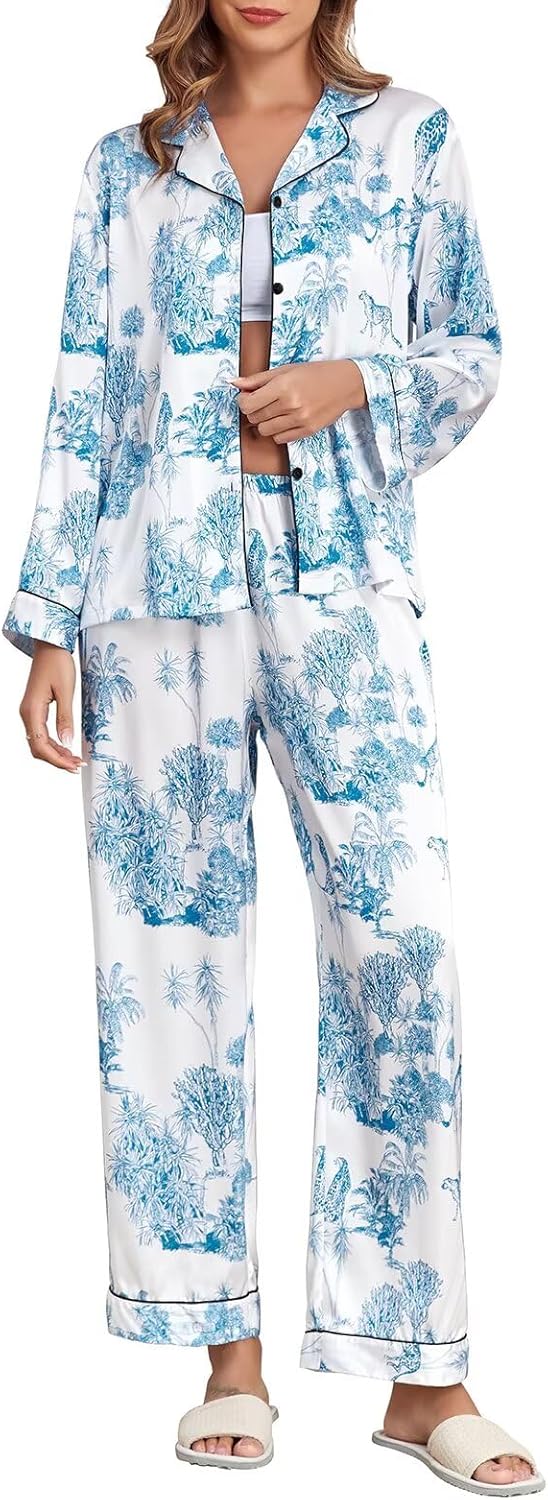 Luxurious Women's Silk Satin Pajamas Set with Lace Pattern