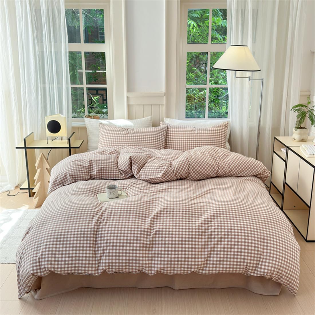 Mucalis Tan Gingham Duvet Cover Set for Queen Size Bedding