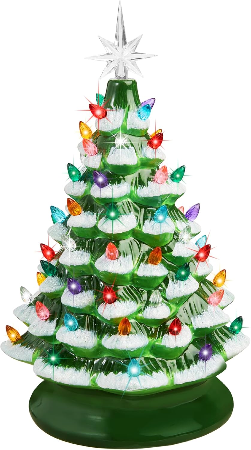 15in Ceramic Christmas Tree with Lights and Star Toppers