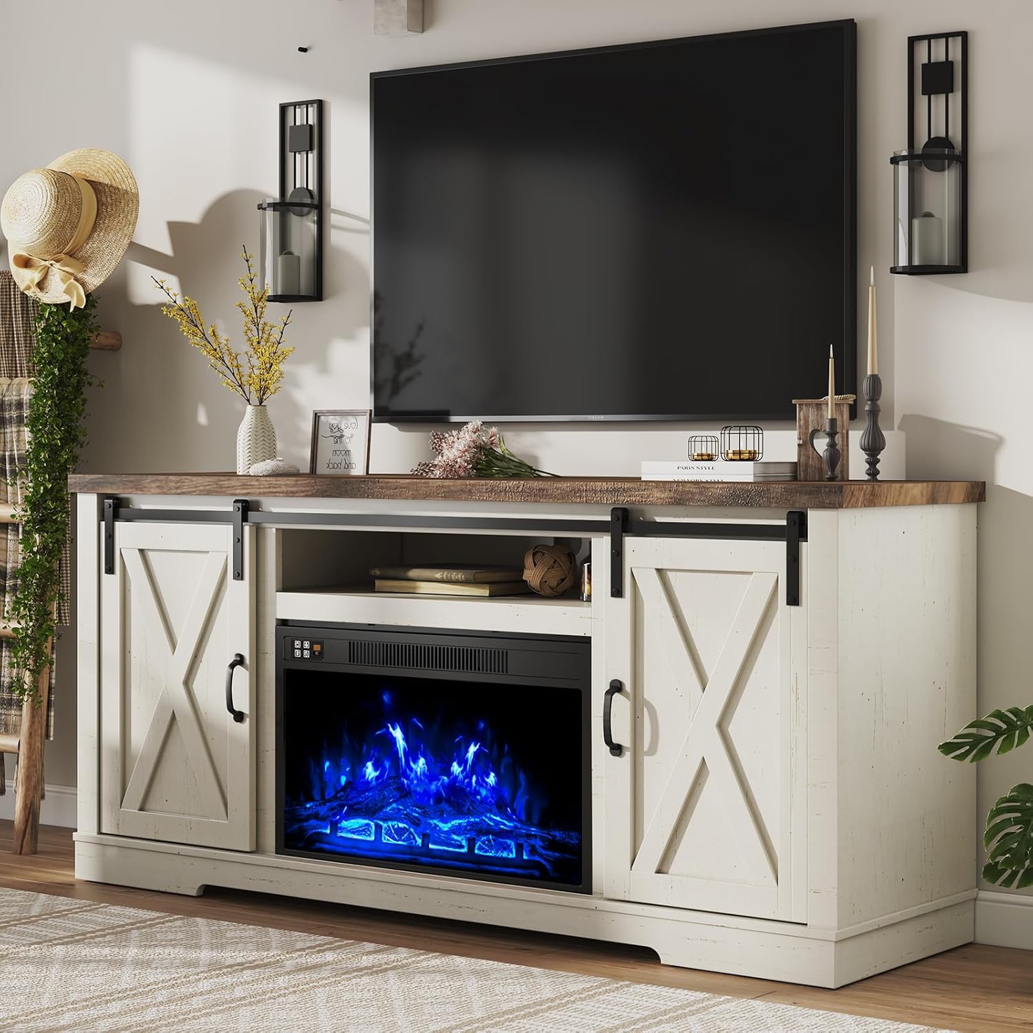 Farmhouse 63 Fireplace TV Stand: Distressed White & Barnwood