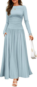 ZESICA Women's Long Sleeve Fall Maxi Dress - Pleated Knit with Pockets