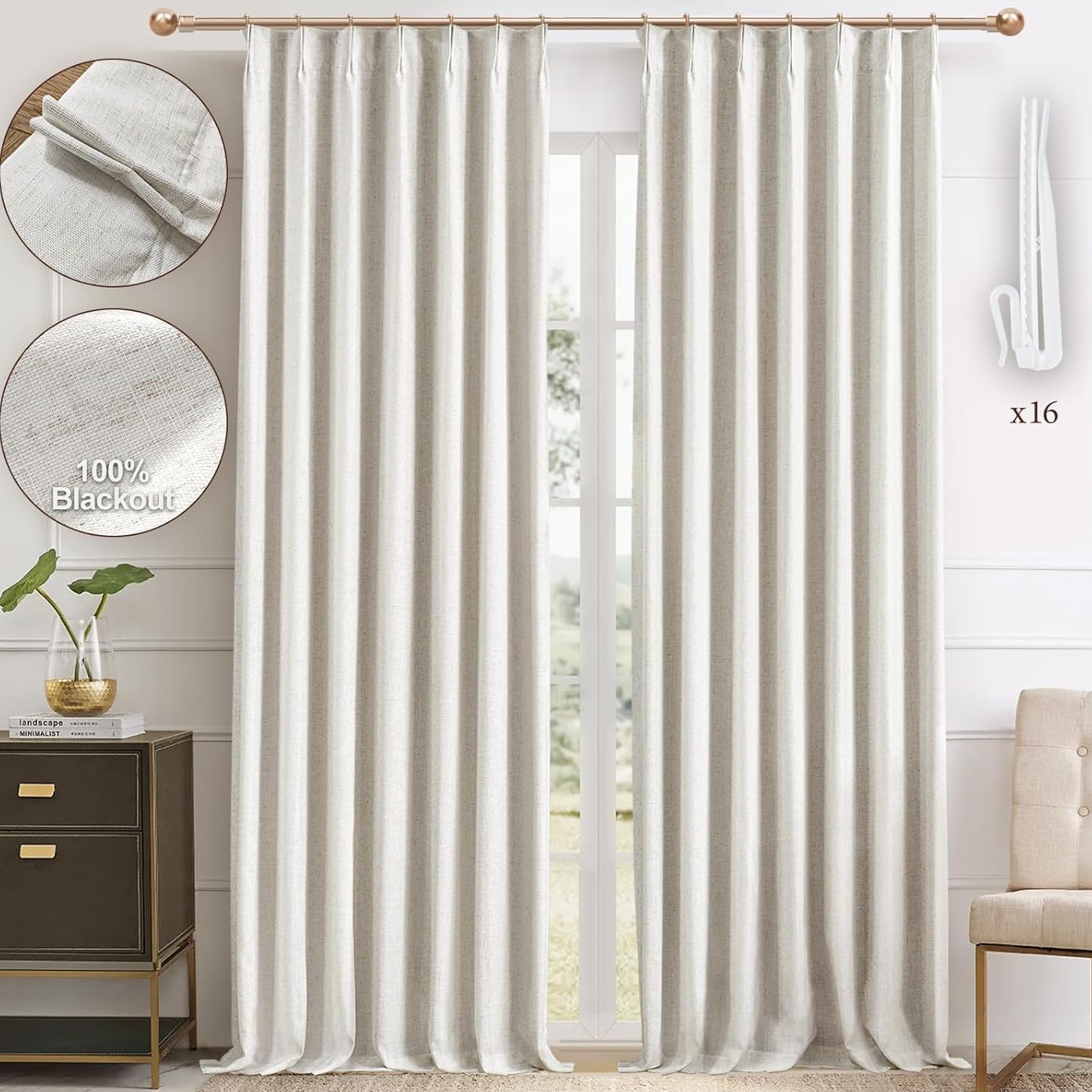 IVAPUPU Natural Linen Blend Pinch Pleated Blackout Curtains