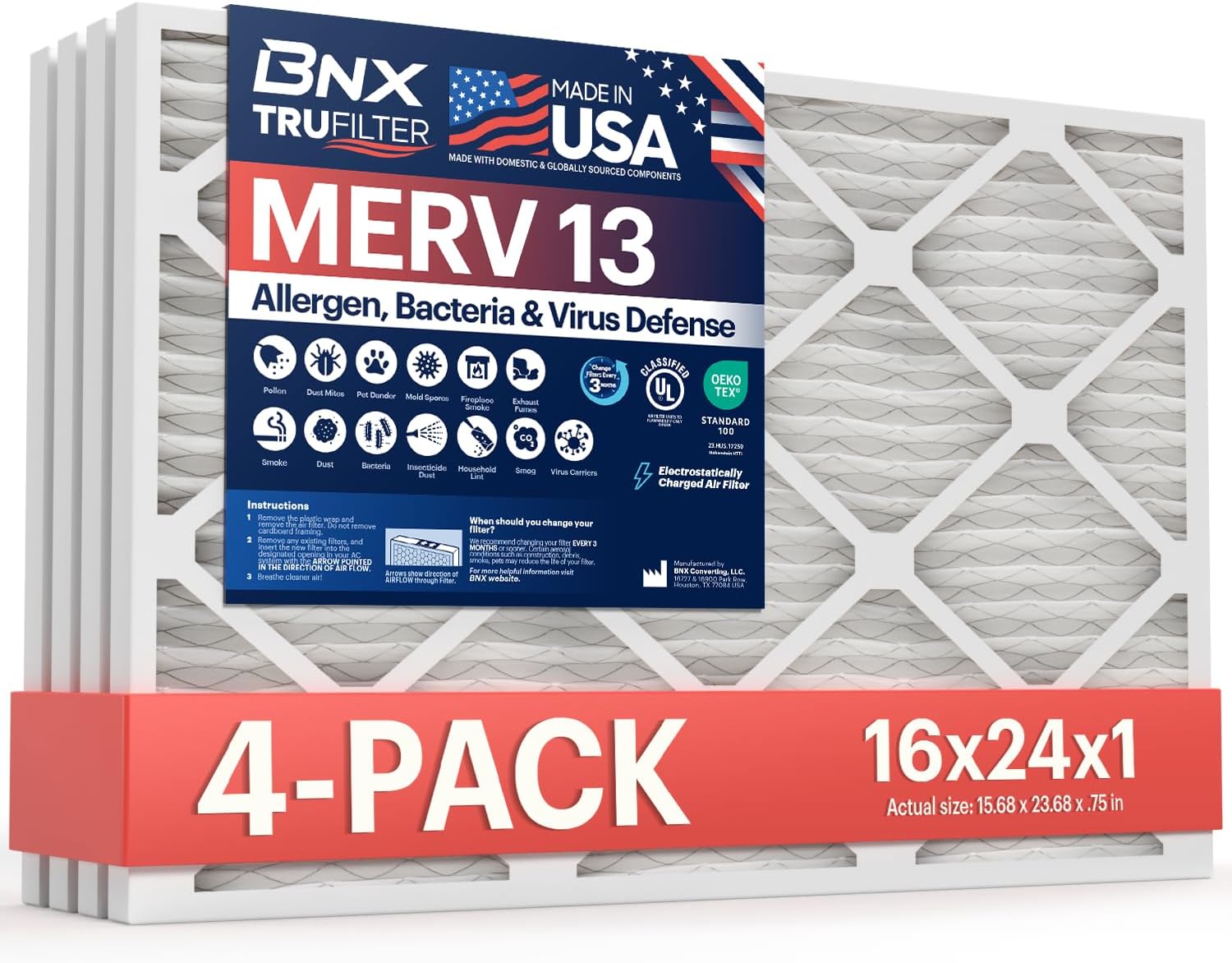 BNX TruFilter 16x24x1 MERV 13 Air Filter for Cleaner Air