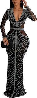 Rhinestone Sequin Mesh V Neck Long Dress - HeadTurning Party Look