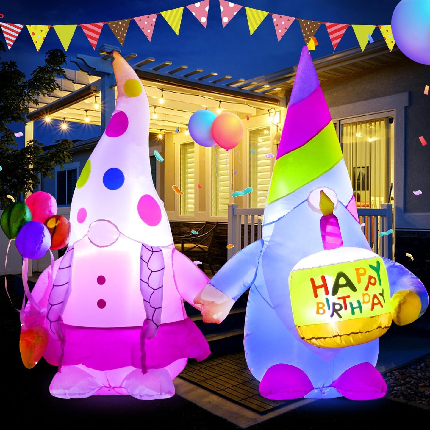 5FT Birthday Inflatable Gnomes Cake Outdoor Decoration with LED