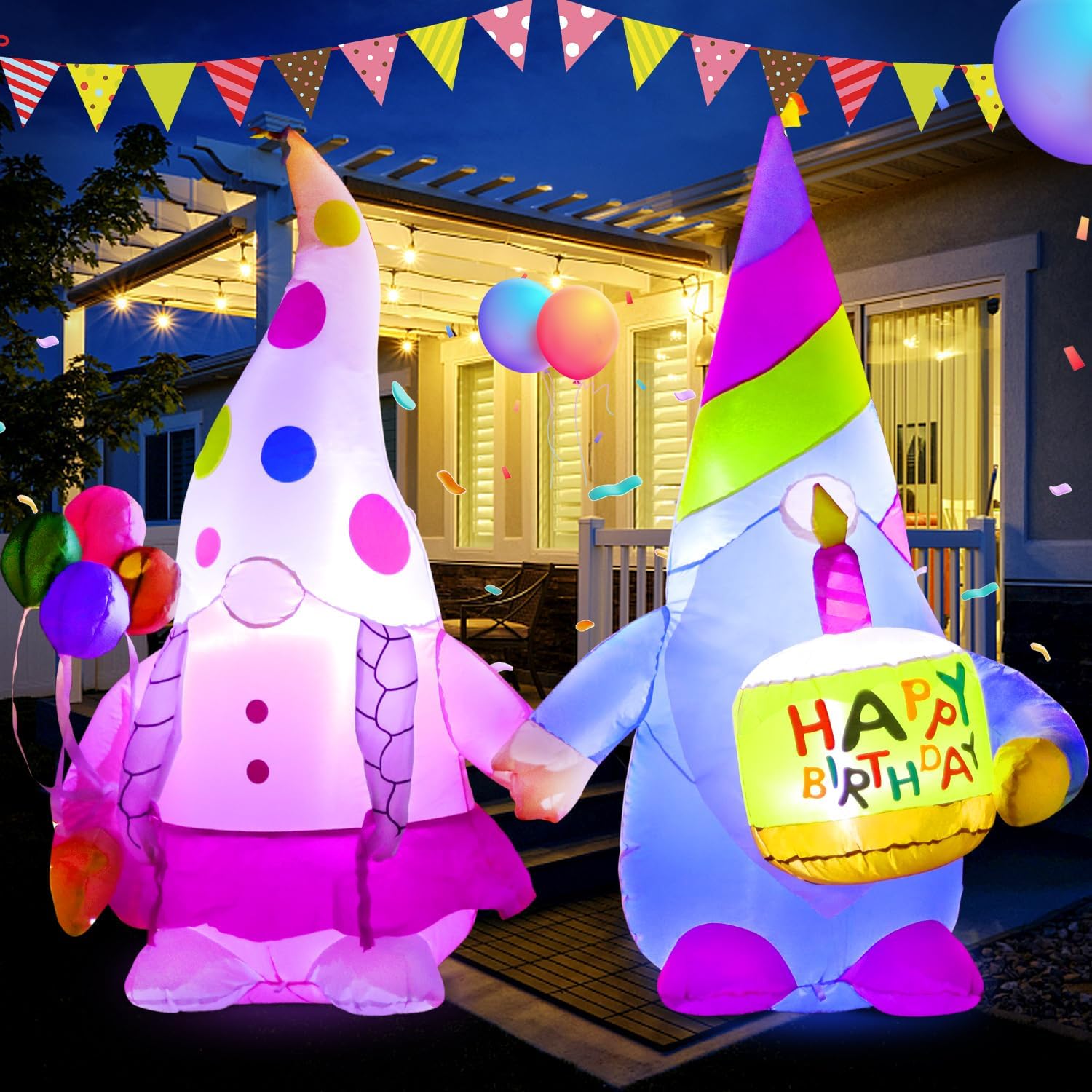 5FT Birthday Inflatable Gnomes Cake Outdoor Decoration with LED