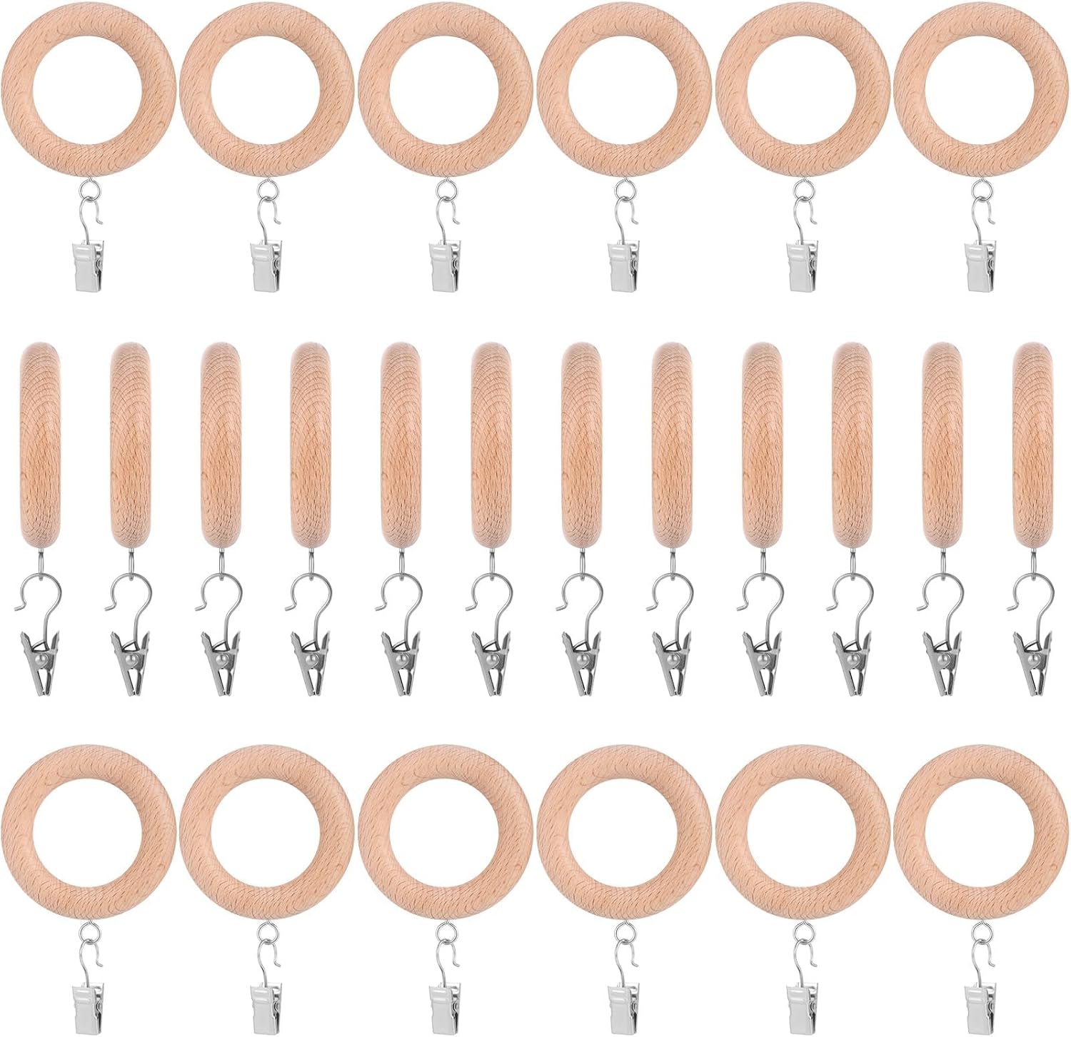 Farmhouse Beech Wood Curtain Rings with Clips - Rustic Charm for Easy Draping