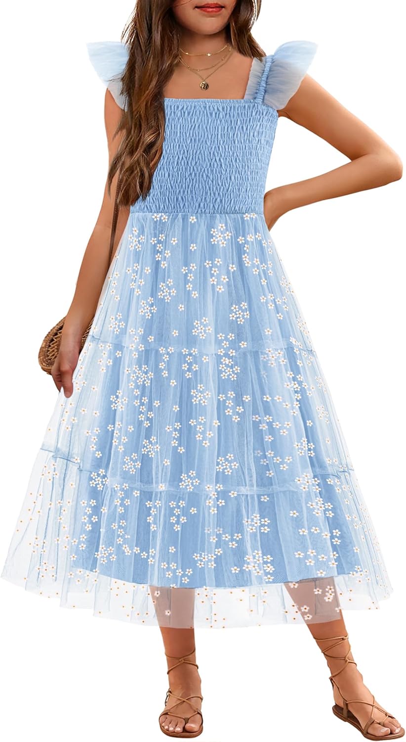 Arshiner Tween Girls Dress with Ruffle Sleeve and Tulle Skirt