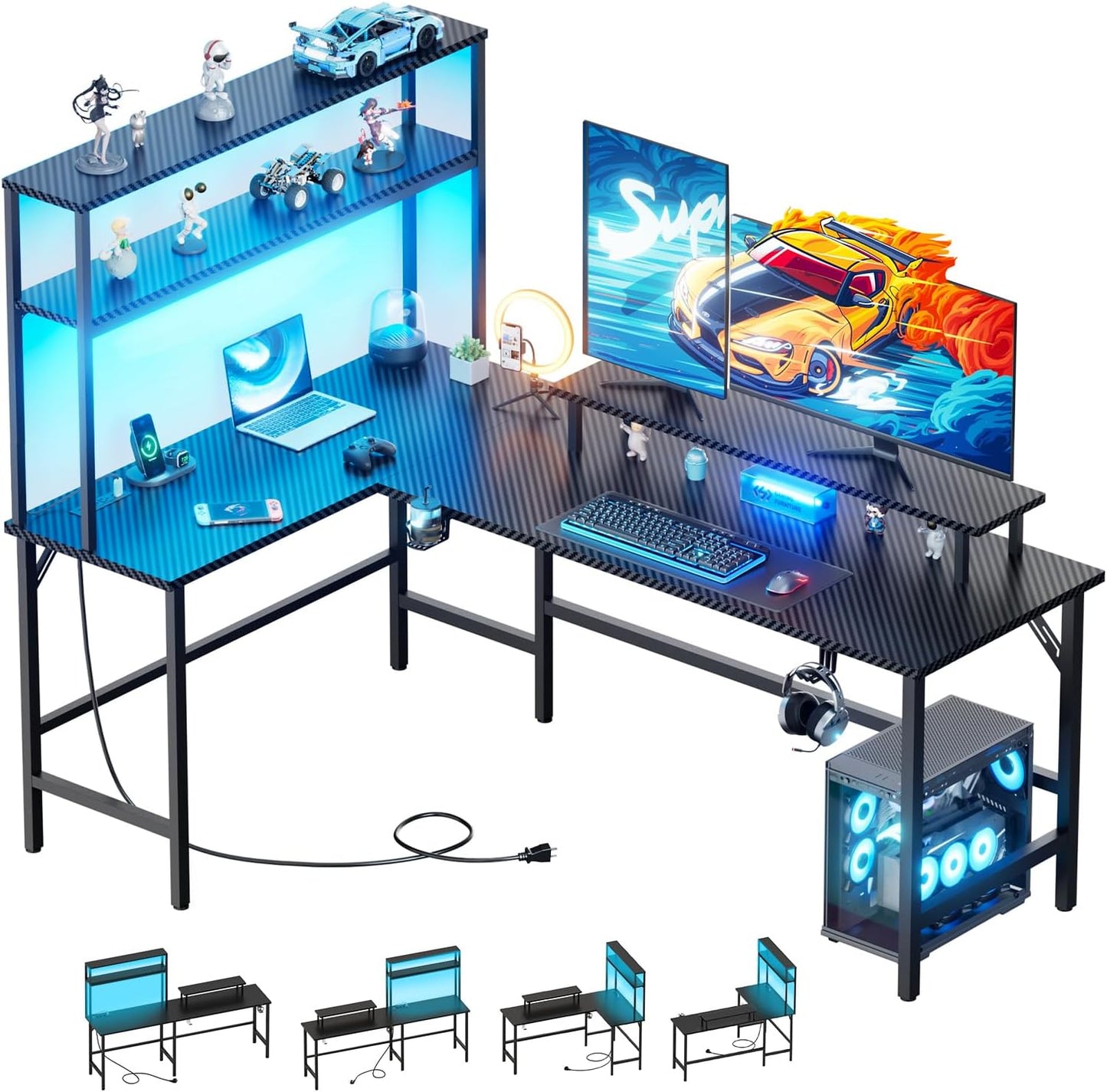 67 L-Shaped Gaming Desk with Power Outlet & LED Lights
