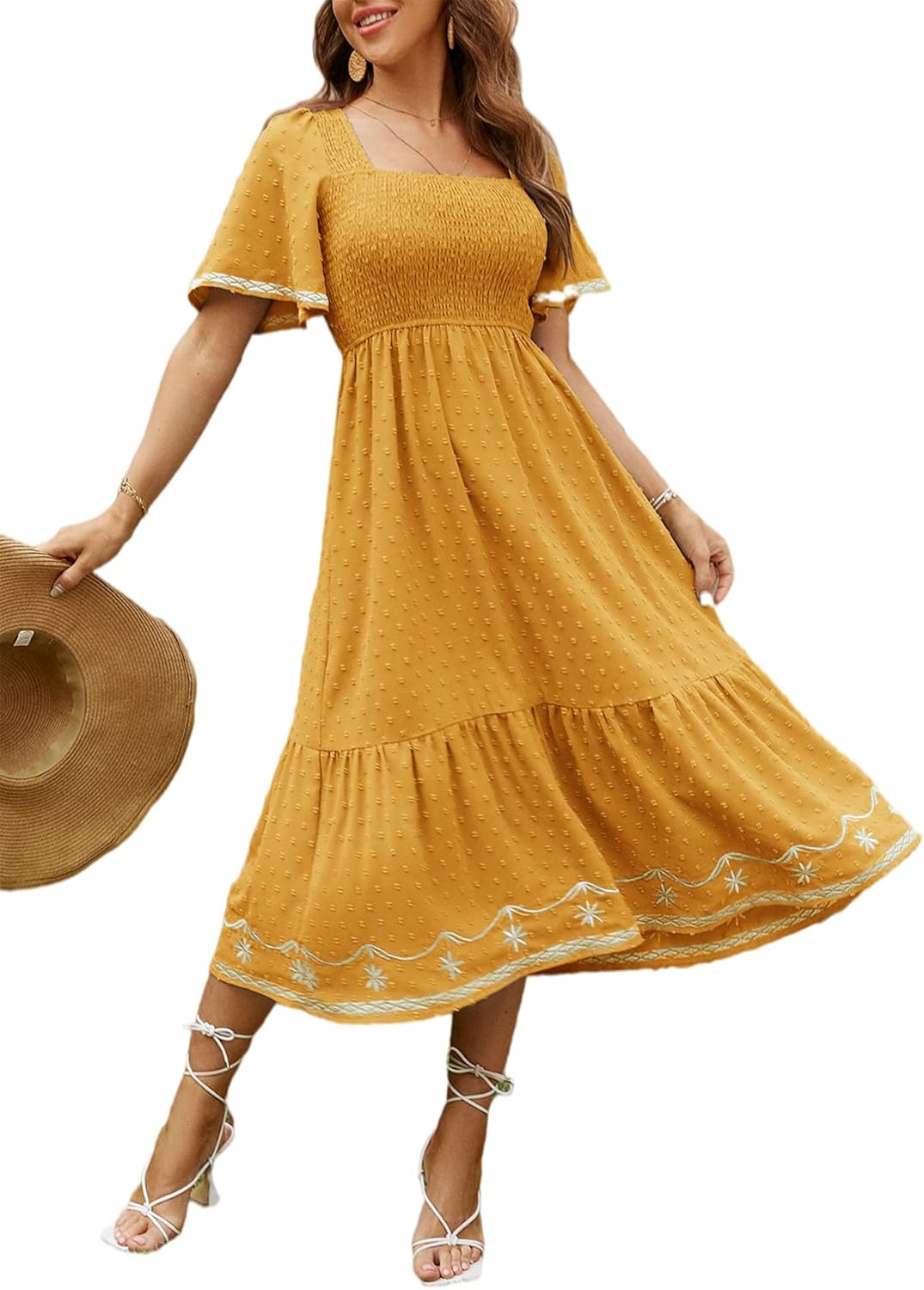 Glamaker Women's Short Sleeve Smocked Square Neck Maxi Dress